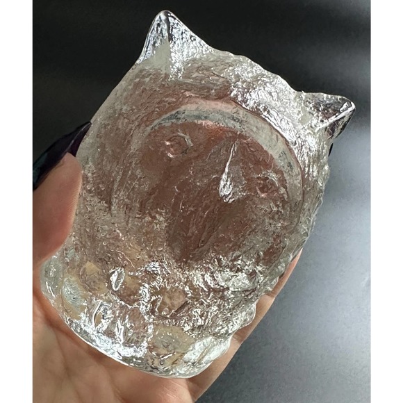 Vintage Pukeberg Sweden Textured Art Glass Owl Crystal Paperweight Figurine - Picture 8 of 13